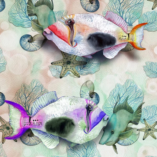 Підводний Світ Морська Риба Морські Анемони Акварель Безшовні Візерунки Використовувати — стокове фото