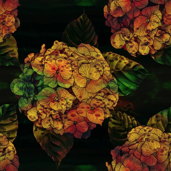 Virágok Levelek Hortenziák Akvarell Zökkenőmentes Minta Nyomtatott Anyagok Jelek Tárgyak — Stock Fotó