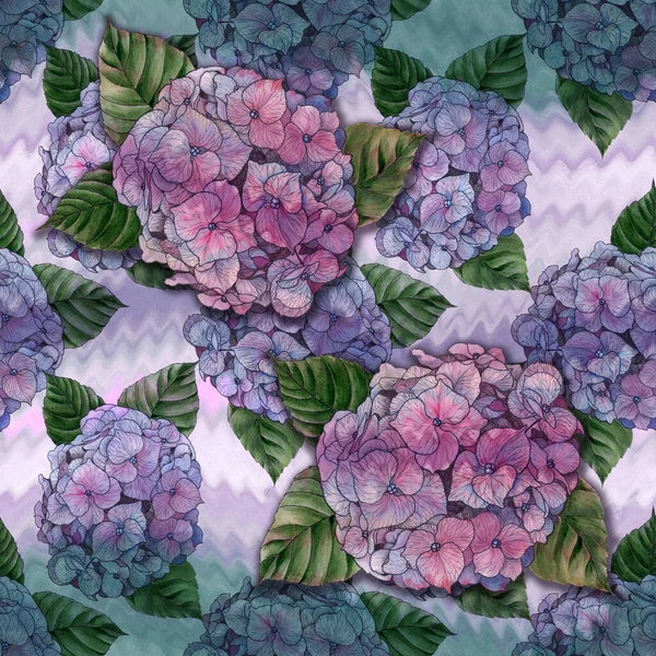 Çiçekler Ortanca Yaprakları Suluboya Kusursuz Desen Yazdırılmış Materyalleri Işaretleri Ögeleri — Stok fotoğraf