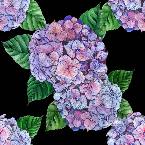 アジサイの花と葉 水彩画 シームレスなパターン 印刷物 アイテム ウェブサイト ポスター はがき 包装を使用してください — ストック写真