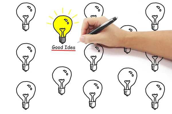 sarı ampul ile iyi fikir çizim kalem eliyle amon kelime