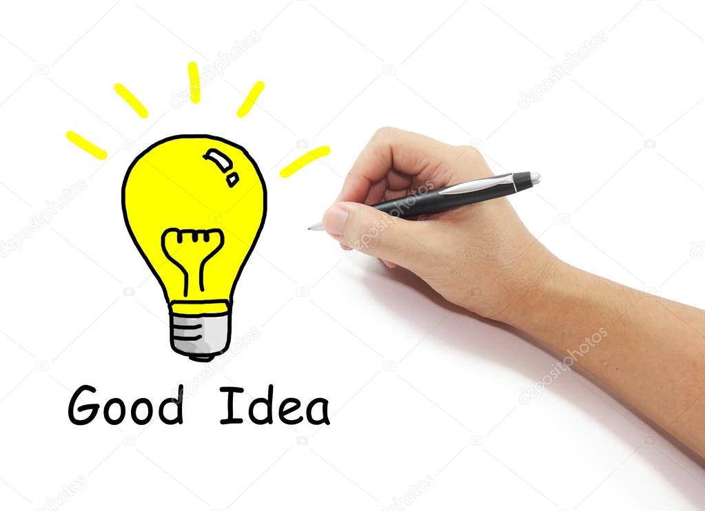 hand with pen drawing big yellow light bulb with Good idea word 