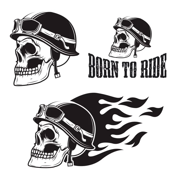 Crânio no capacete da motocicleta com fogo. Nascido para montar . — Vetor de Stock