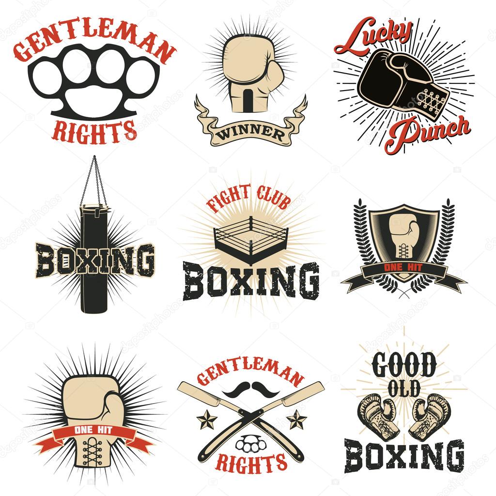 Set of the boxing club labels, emblems and design elements.  Design elements for logo, label, emblem,  insignia, sign, identity, logotype, poster. Boxing club