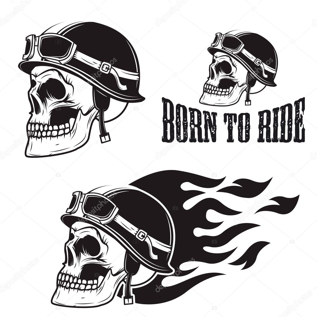 Skull in motorcycle helmet with fire. Born to ride. Retro vector design graphic element, emblem, logo, insignia, sign, identity, logotype, poster. T-shirt print design template. Vector illustration.