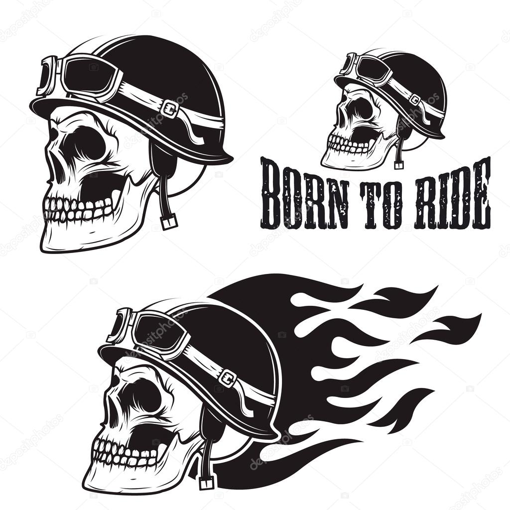 Skull in motorcycle helmet with fire. Born to ride.