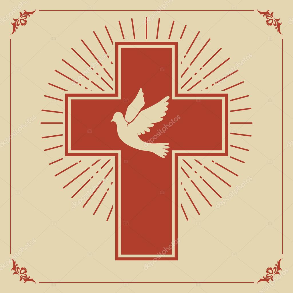 Dove and a cross on a light light background. Religion. catholic design. Church emblem template. Vector illustration.