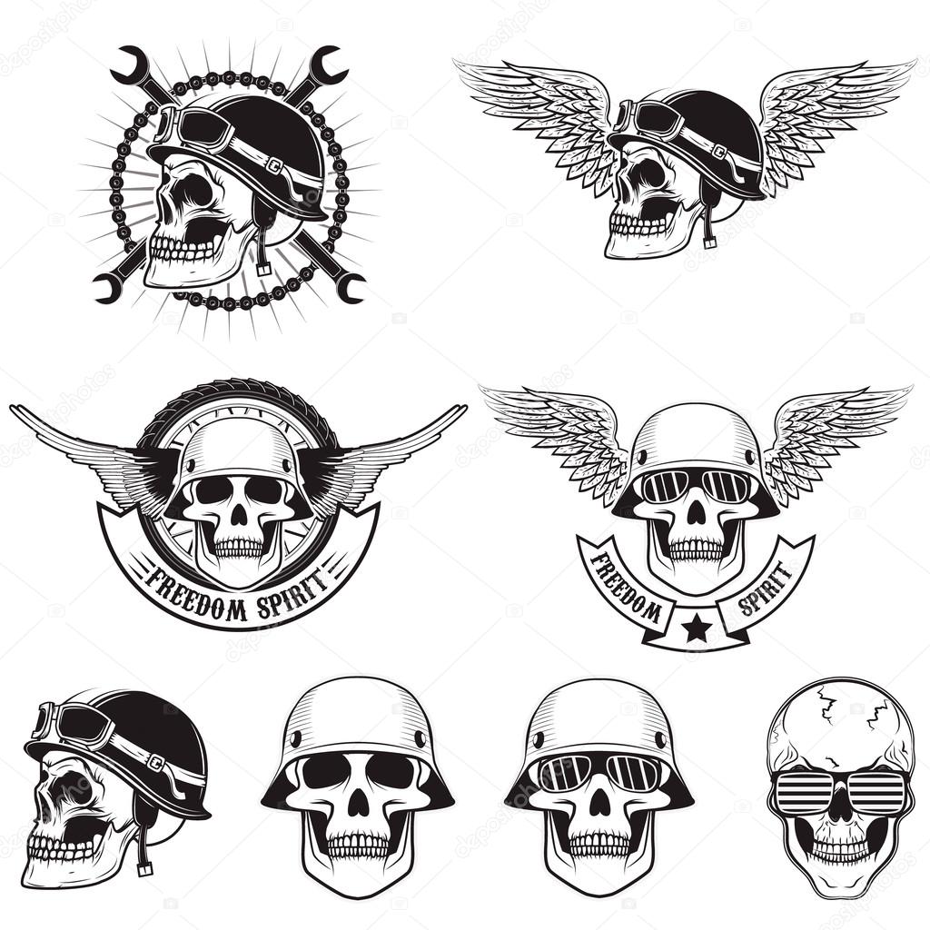 Freedom spirit. Set of skulls in biker helmets.