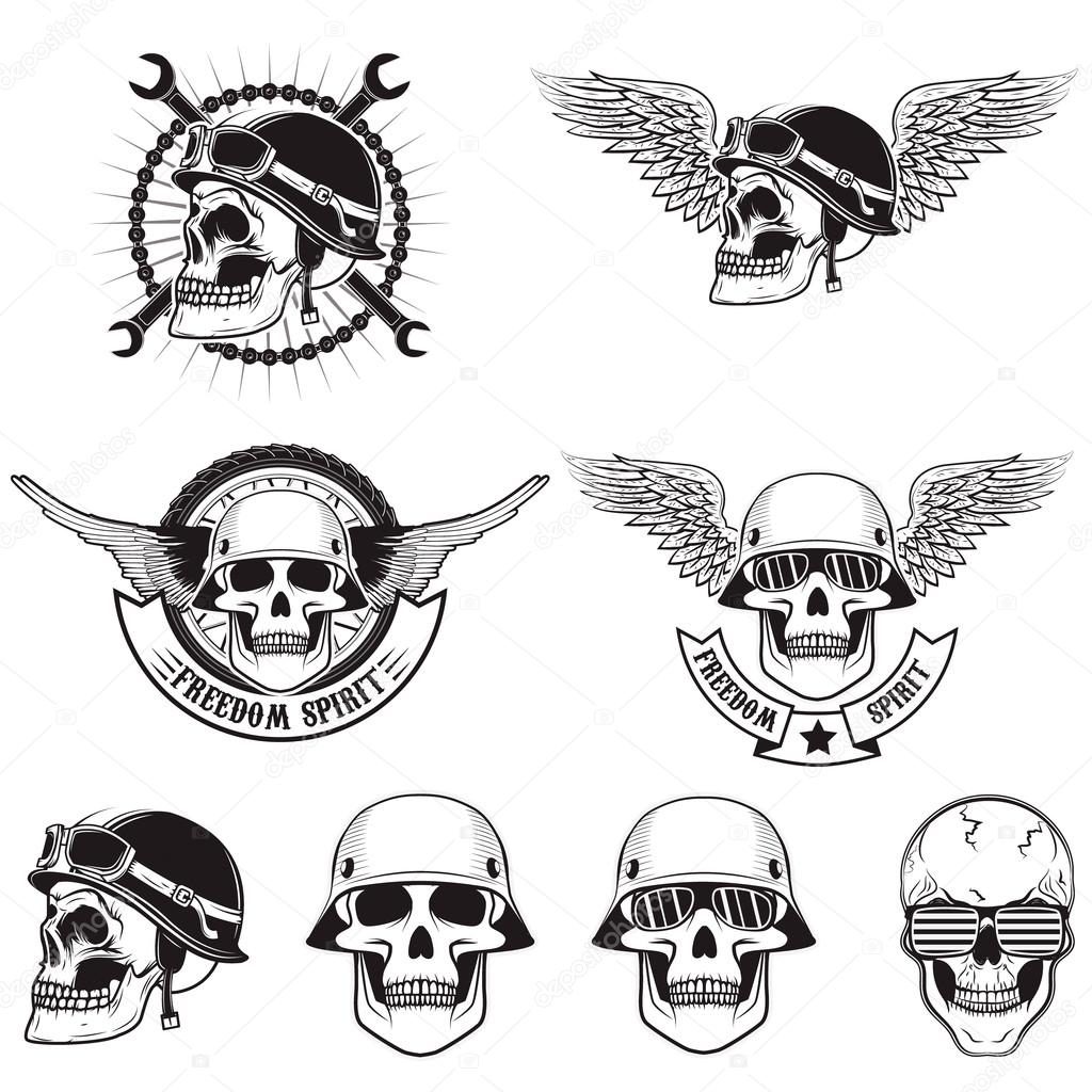 Set of skulls in biker helmets. Retro vector design graphic element, emblem, logo, insignia, sign, identity, logotype, poster. Vector design elements.