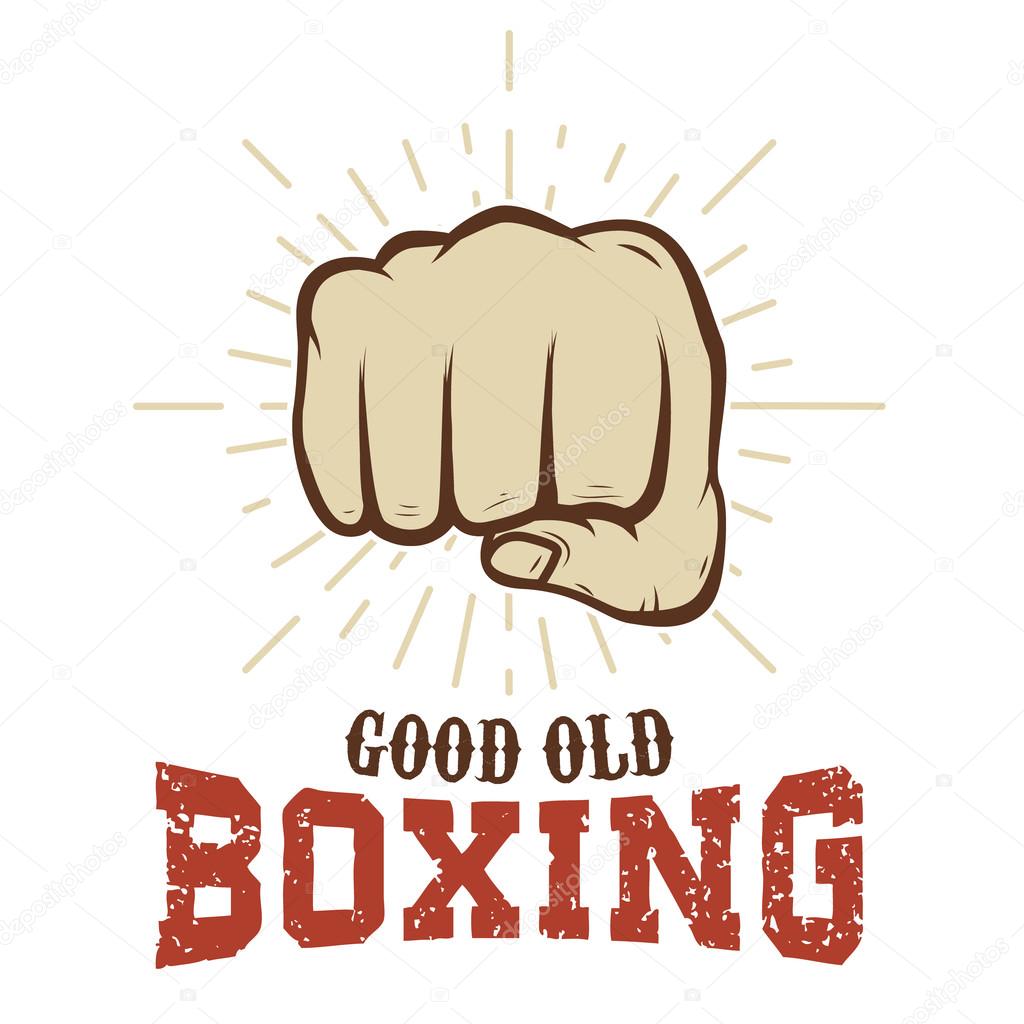 Good Old Boxing. Boxing club. Fist with sunbursts in vintage style. T-shirt print template. Vector design element.