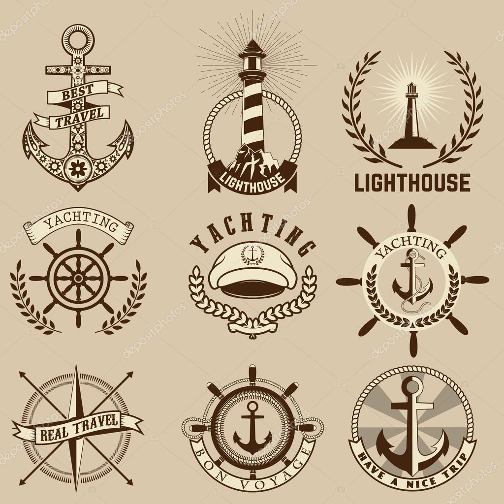 Set of sea and nautical decorations isolated on blue background. Collection of elements for company logos, business identity, print products, page and web decor or other design. Vector illustration.