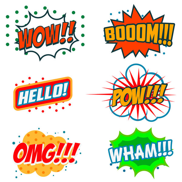 Set of comic style phrases. Boom, Wow, OMG.