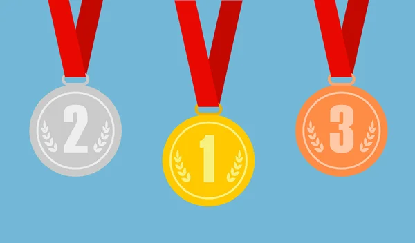 Conjunto de medalhas de ouro, bronze e prata em fitas vermelhas . —  Vetores de Stock
