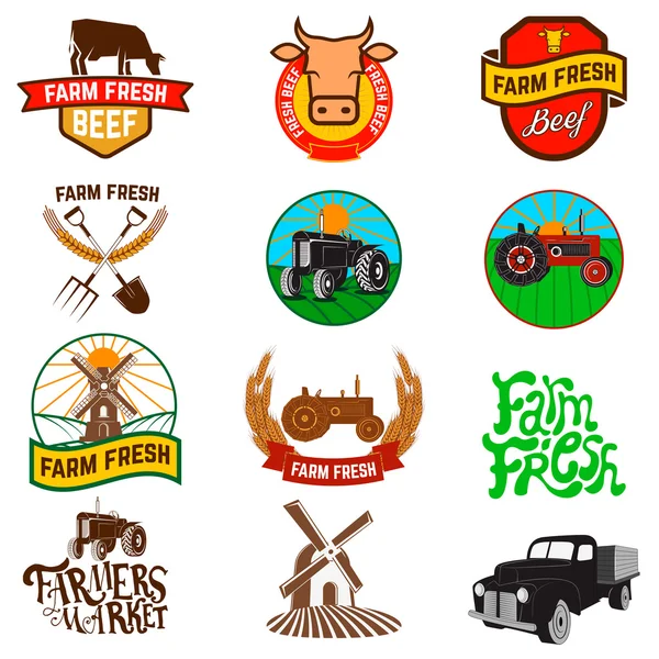 Farm friss termékek címkék, emblémák és design elemek. — Stock Vector