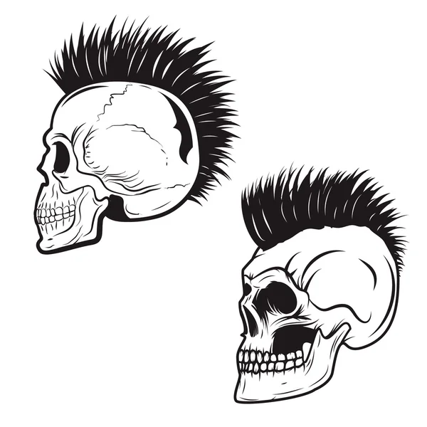Conjunto de cráneo con peinado mohawk aislado sobre fondo blanco — Vector de stock