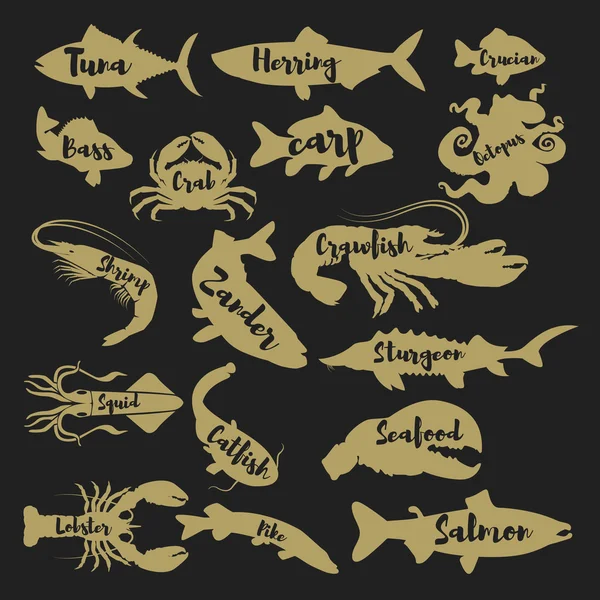 Ensemble de silhouettes de fruits de mer avec lettrage . — Image vectorielle