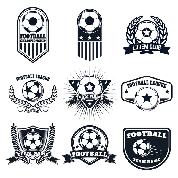 Set di etichette calcistiche, emblemi ed elementi di design. Calcio. — Vettoriale Stock