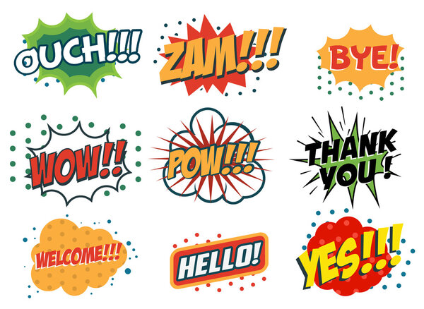 Vector set of comic speech bubbles in trendy fla style. Hand dra