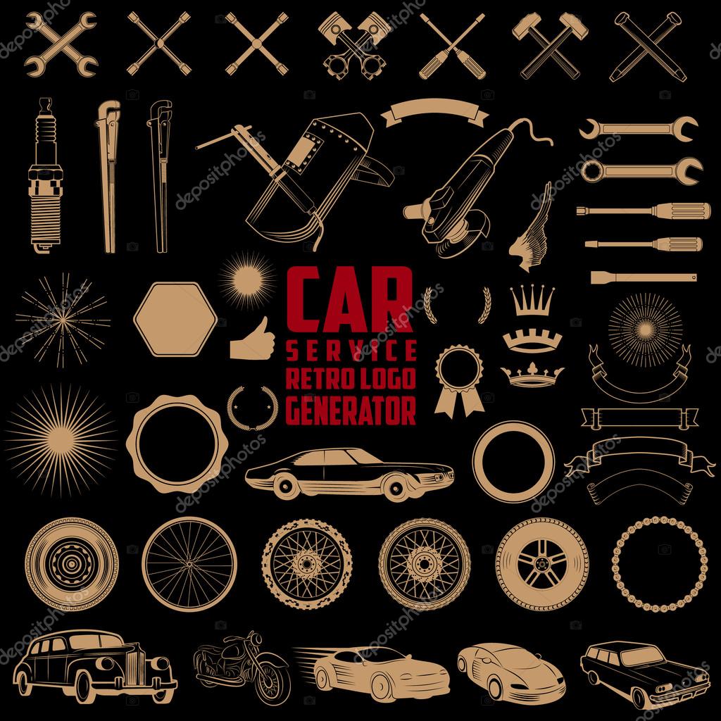 Car service logo generator. Set of design elements for car service, car wash, auto parts store, car rental, vintage cars store. Vector design elements isolated on black background..