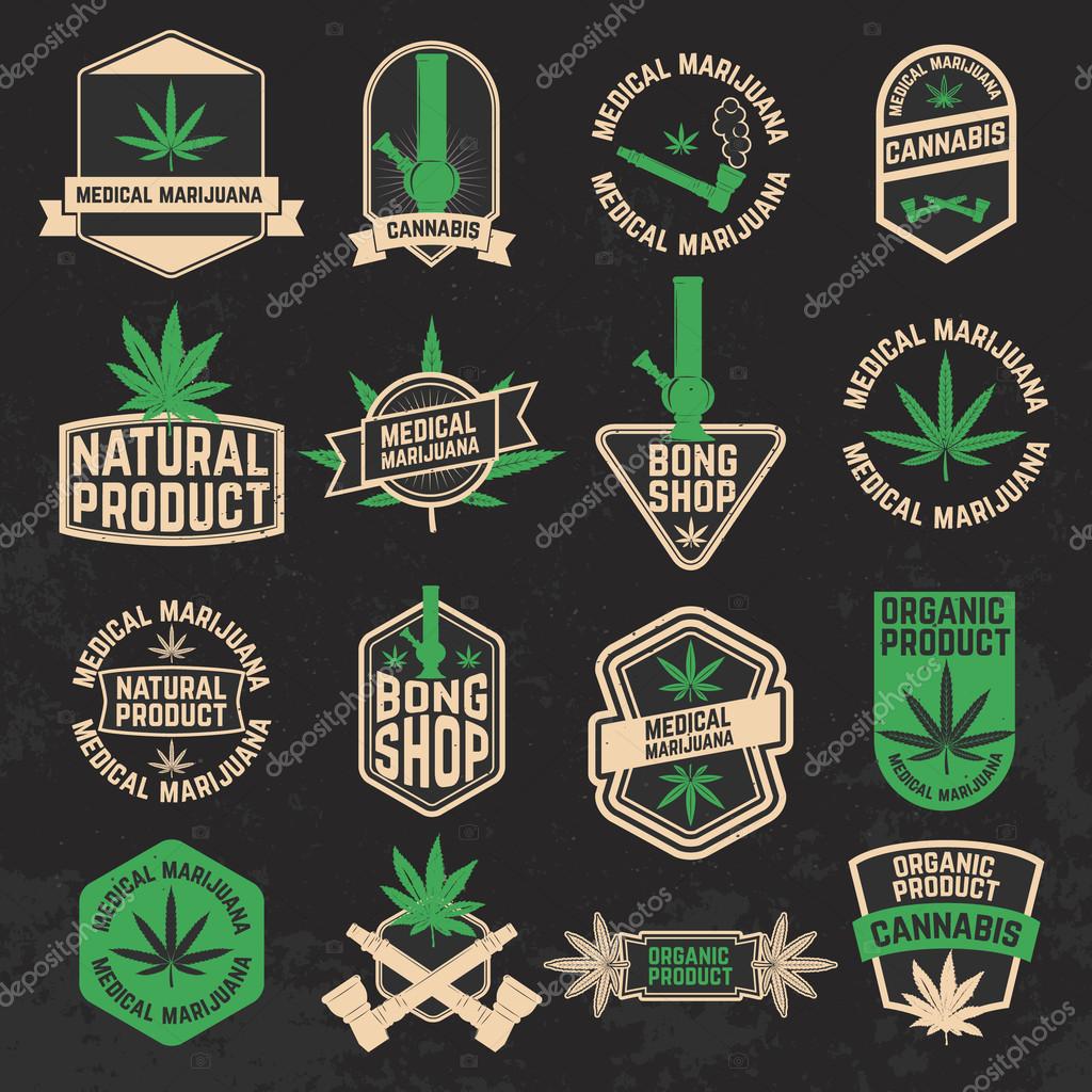 Set of cannabis, marijuana, bong shop labels, badges and design elements. Medical marijuana. Cannabis icons. Bong icons. Vector design elements on grunge background.