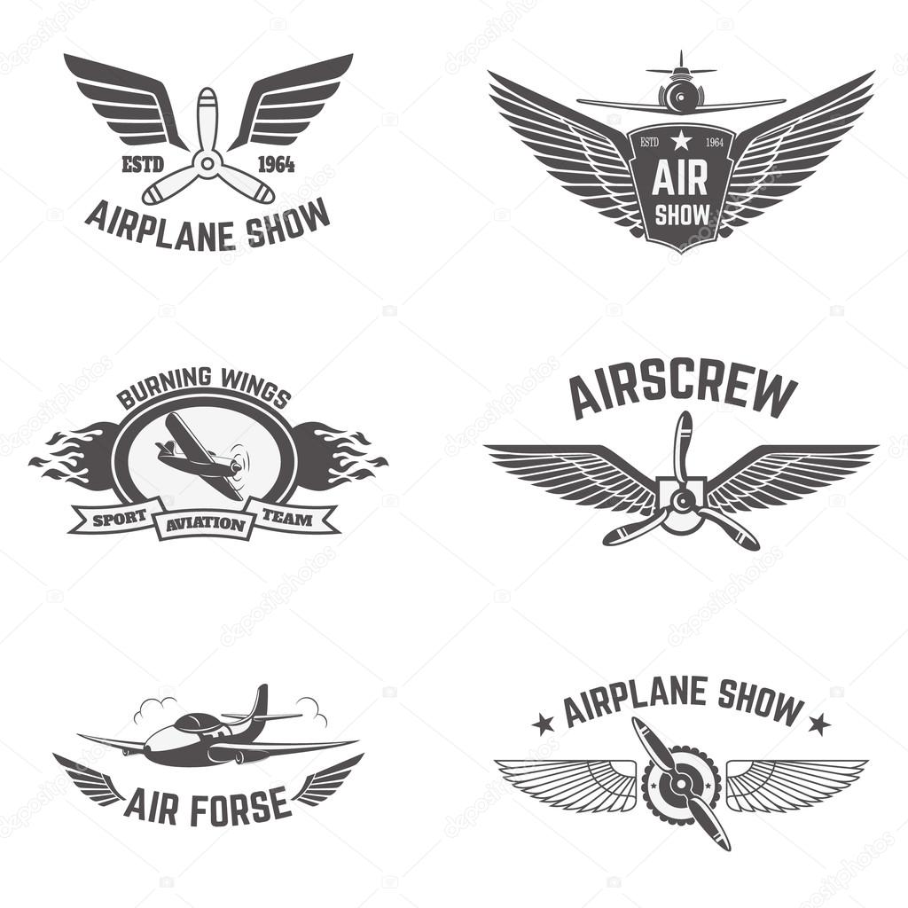 Set of airplane show labels isolated on white background. Air forse. Flying club. Design elements in vector.