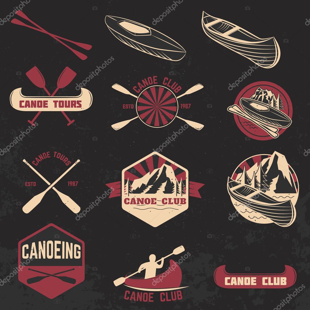 Set of canoe club labels, badges and design elements. Canoe sport. Canoe icon. Vector design elements