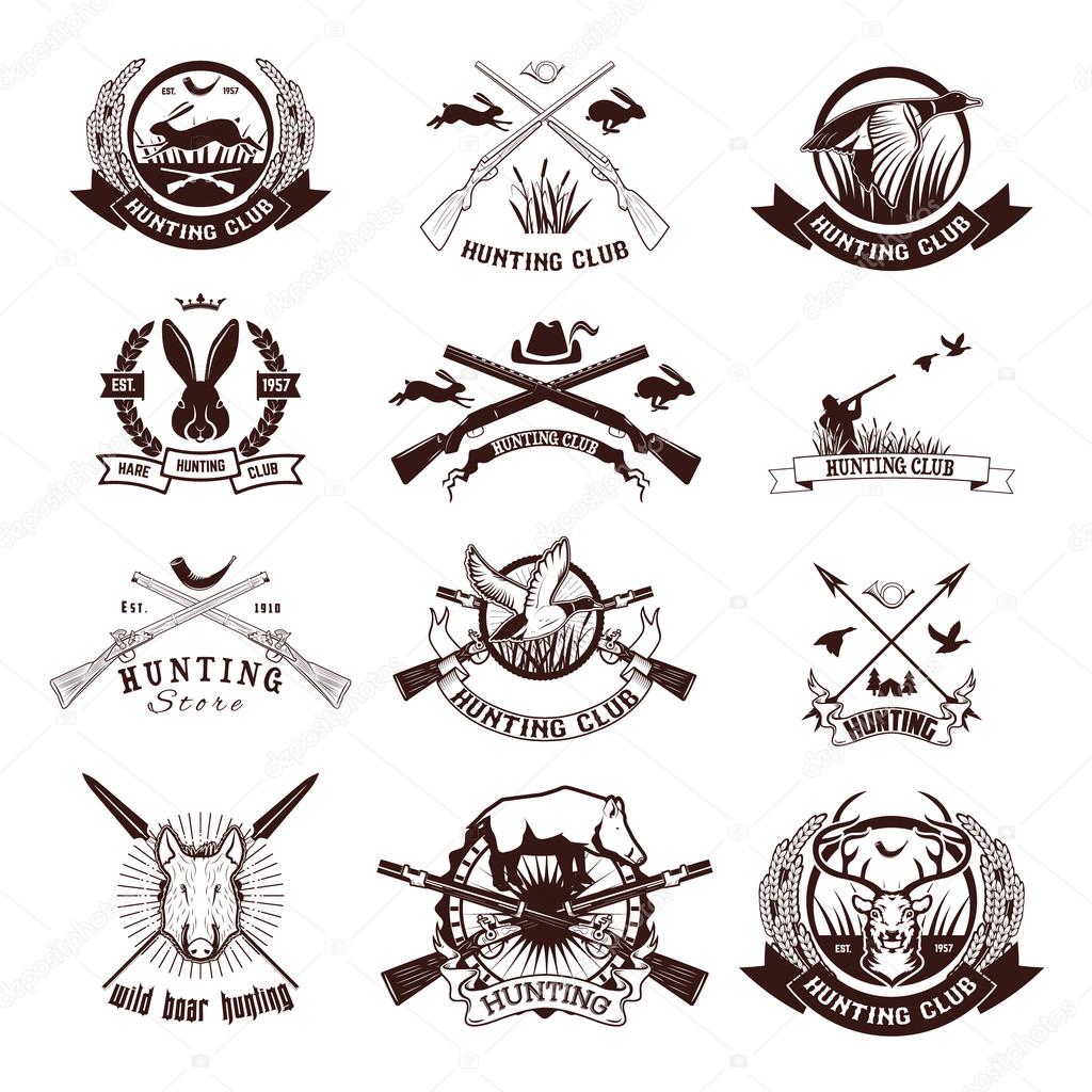Set of hunting labels, emblems and design elements. Duck hunting. Hare hunting. Deer hunting. Wild boar hunting. Vector design elements.
