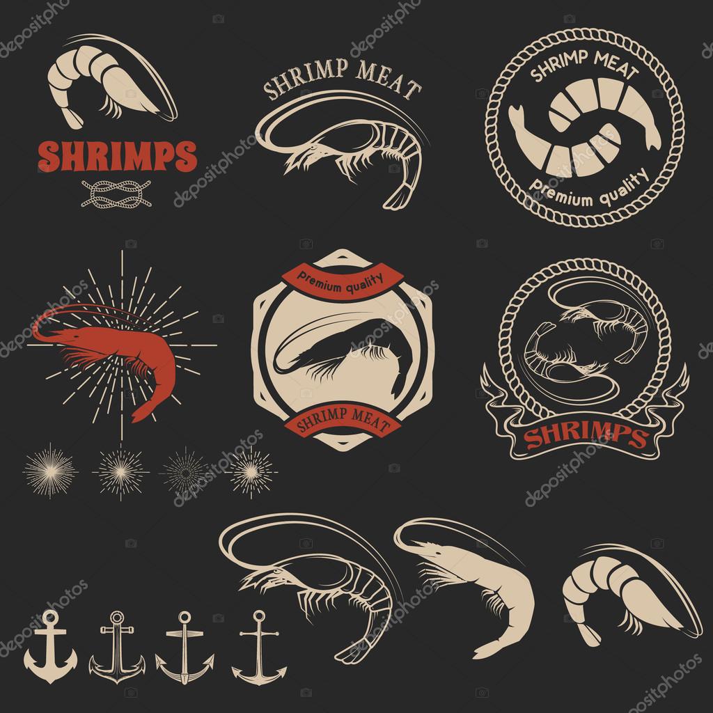 Set of shrimps meat labels. Shrimps icons. Shrimps meat labels, emblems, badges and design elements. Vector design element.