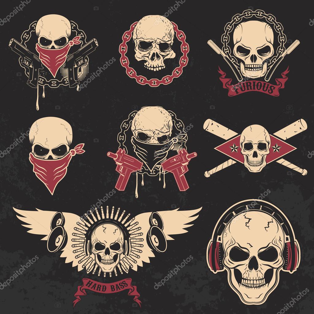 Set of skulls emblems. T-shirt print templates. Dj skull, biker skull, skull with blades. Design templates and elements.