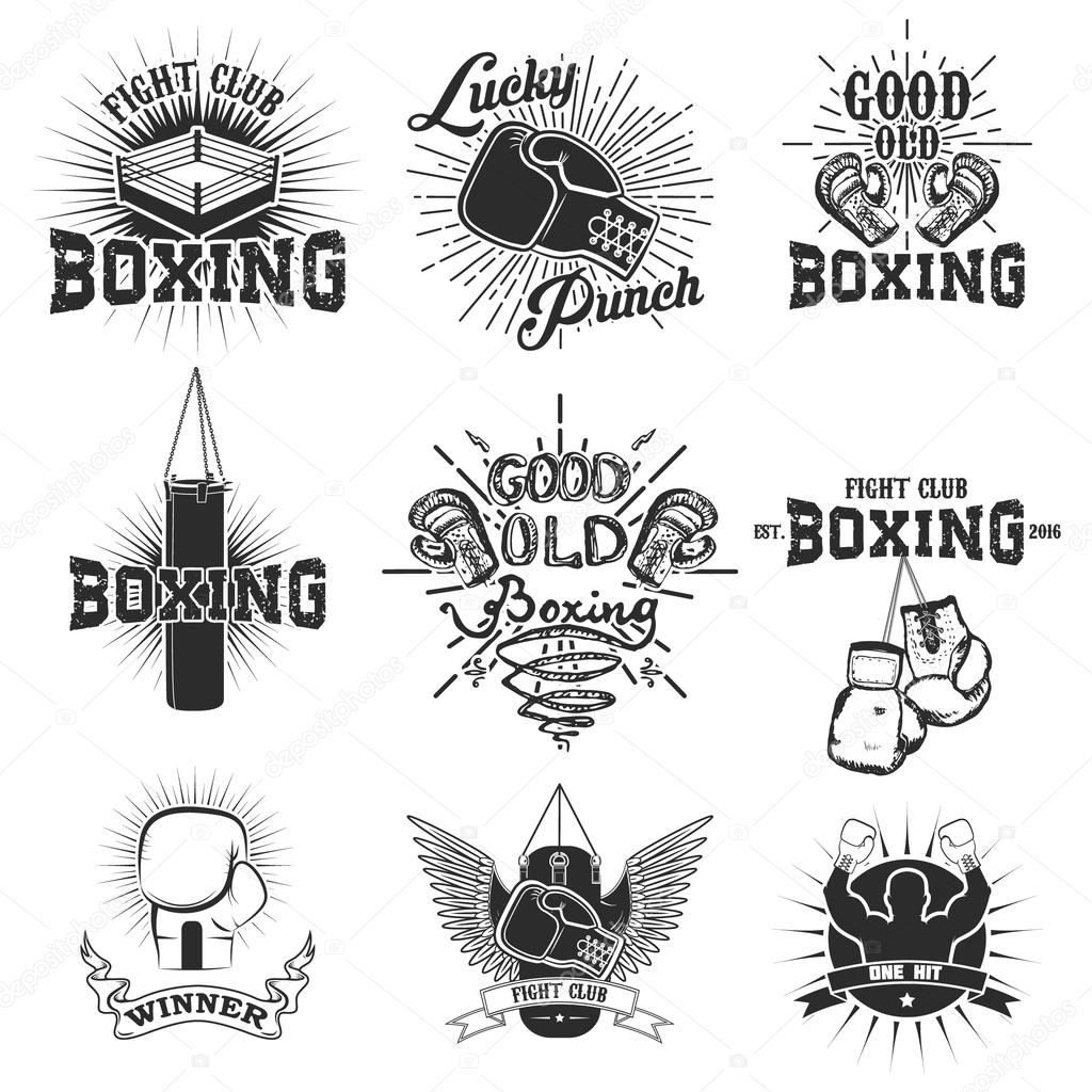 Set of the boxing club labels, emblems and design elements. Boxing gloves.  Lucky punch. Set of design elements in vector.