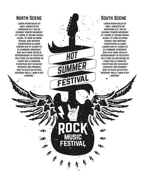 Hot summer festival. Guitar with wings. Rock music festival. Des — Stock Vector