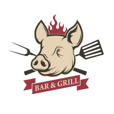 Bar ve ızgara. Beyaz bac izole mutfak aletleri ile Domuz kafası