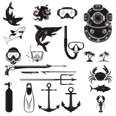 Diver design elements. Diver weapon, diver helmet, equipment for clipart