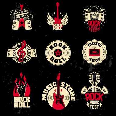 grunge arka planda ayarlanmış müzik etiketleri. 