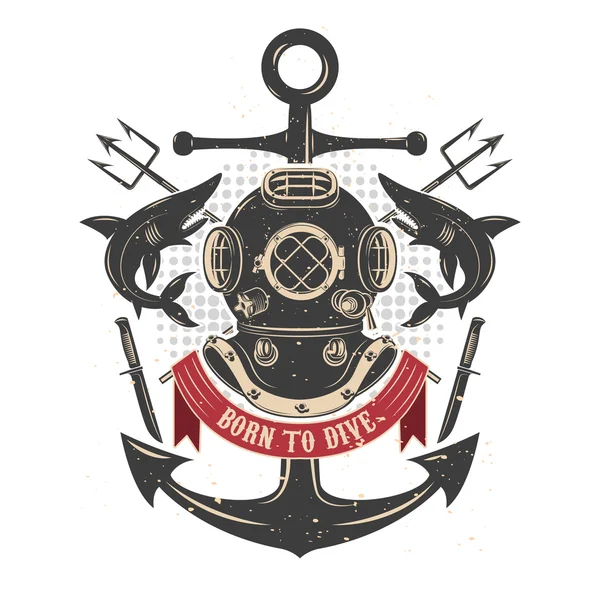 Köpekbalıkları ve mızraklar ile Vintage dalış kask. Dalgıçlar kulübü embl