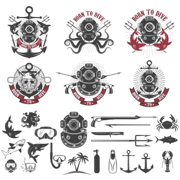 Dalmak için doğmuş. Vintage dalgıç kask seti, dalgıç etiket şablonu