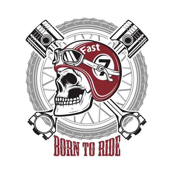 Geboren, um zu reiten. Totenkopf im Motorradhelm auf Hintergrund mit Rad — Stockvektor