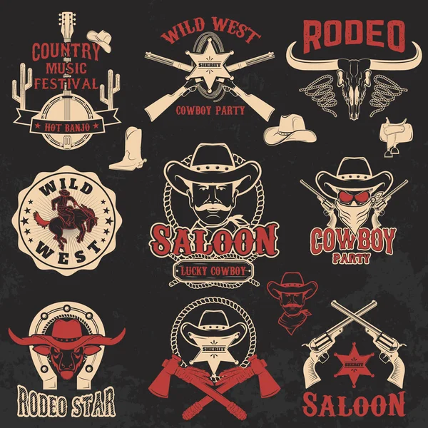 Cowboy Rodeo, wilde westen etiketten. — Stockvector