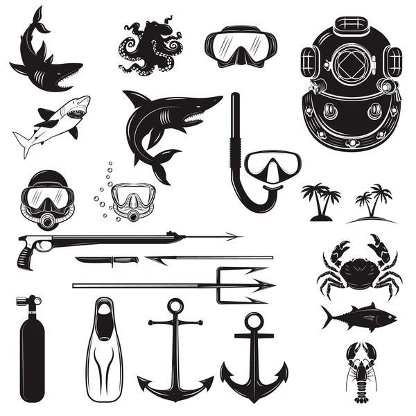 Elementos de design do mergulhador. Arma de mergulho, capacete de mergulho, equipamento para — Vetor de Stock