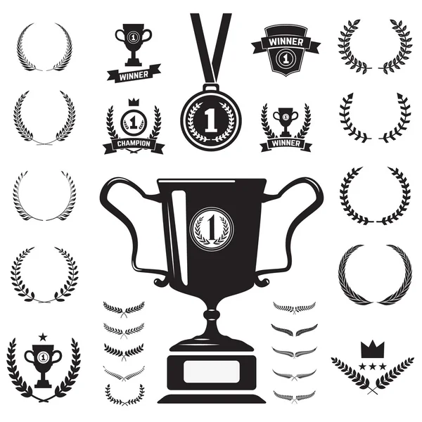 Primer lugar medalla y etiquetas iconos monocromáticos y elemento de diseño — Archivo Imágenes Vectoriales