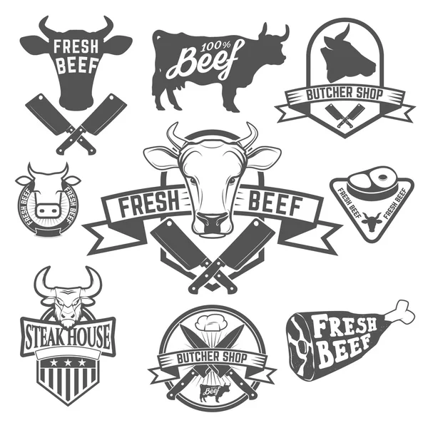 Etiquetas de carne fresca. Etiquetas de carnicería. Cabezas de vaca iconos y bu — Archivo Imágenes Vectoriales