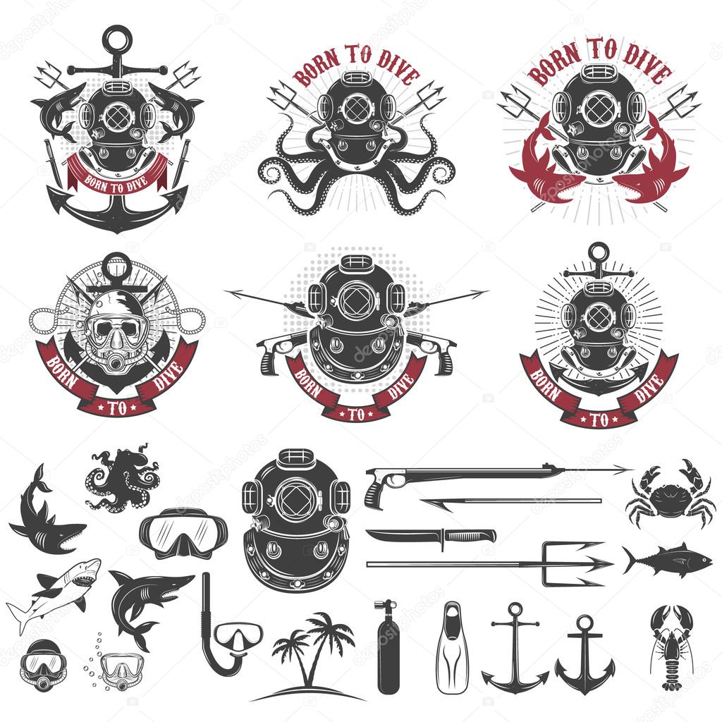 Born to dive. Set of vintage diver helmets, diver label templates and design elements.  Design elements for logo, label, emblem, sign, badge, brand mark. Vector illustration.