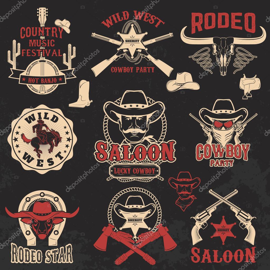 Cowboy rodeo, wild west labels.  Design elements for logo, label, emblem, sign, badge, brand mark. Vector illustration.