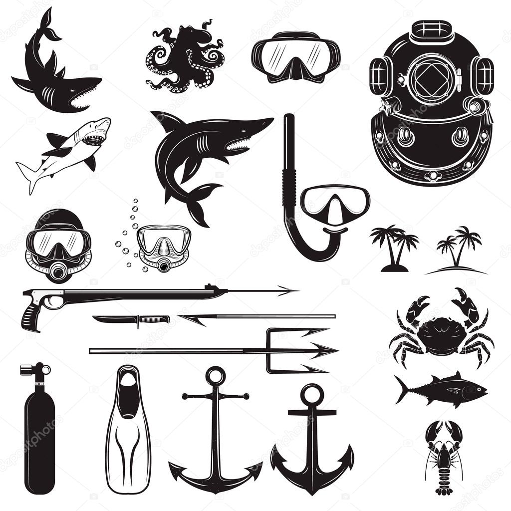 Diver design elements. Diver weapon, diver helmet, equipment for diving.  Design element for poster, flyer, emblem, logo, sign.  Vector illustration.