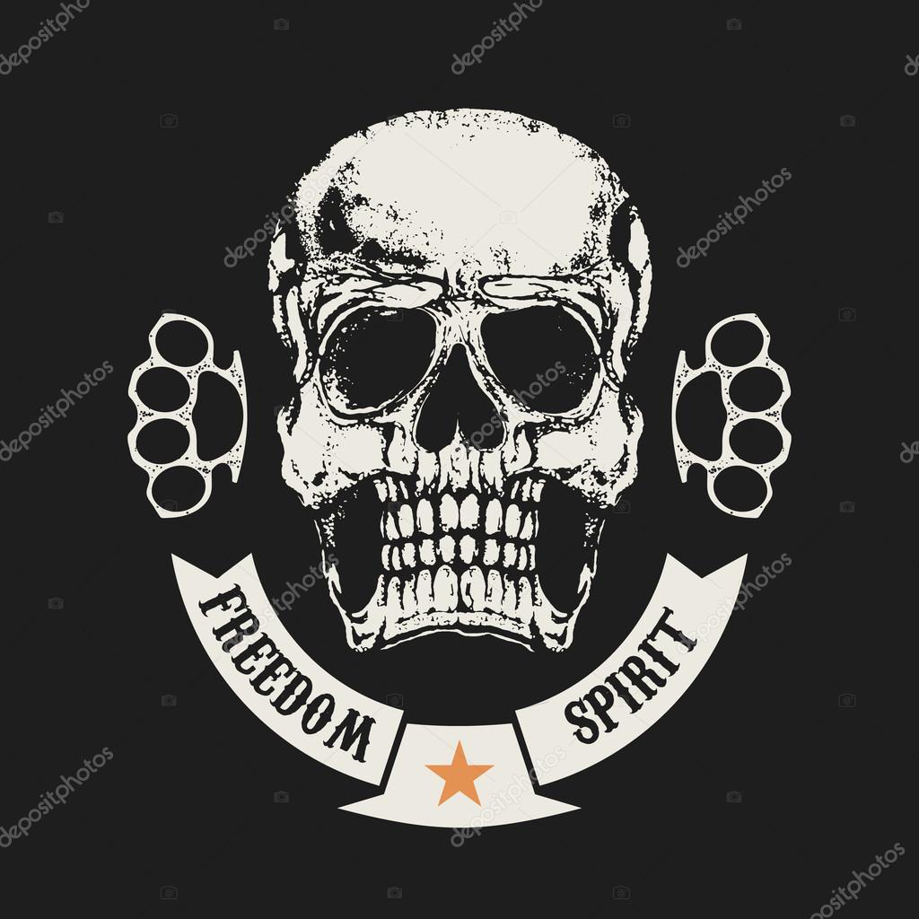 Freedom spirit. Skull in grunge style and two brass knuckle. Design elements for t-shirt print, poster. Vector illustration.