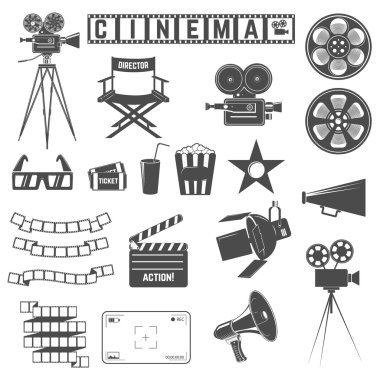 Sinema simgeleri kümesi. Yönetmenler sandalye, sinema kameraları, 3d gözlük