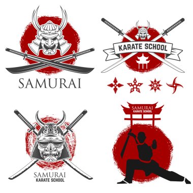 Samuray karate okulu etiketleri seti. Ninja shurikens.  