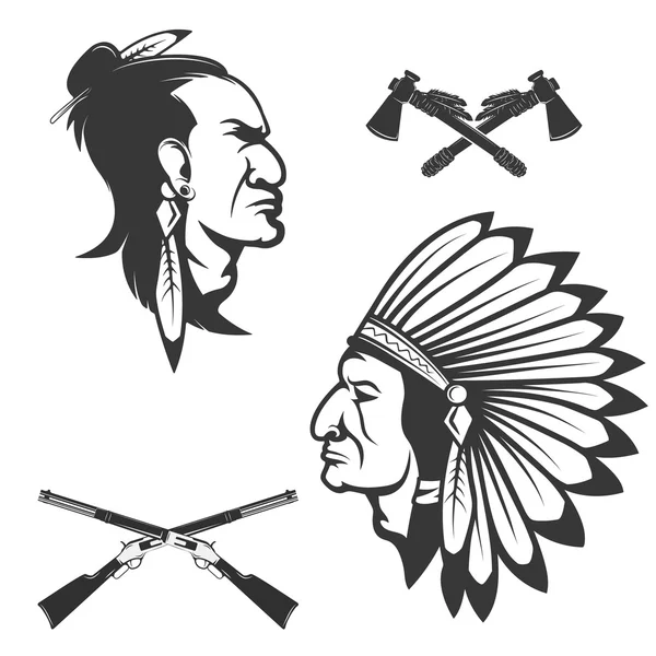 Set van Amerikaanse native Chief Heads. Amerikaanse Indianen hoofdtooi a — Stockvector