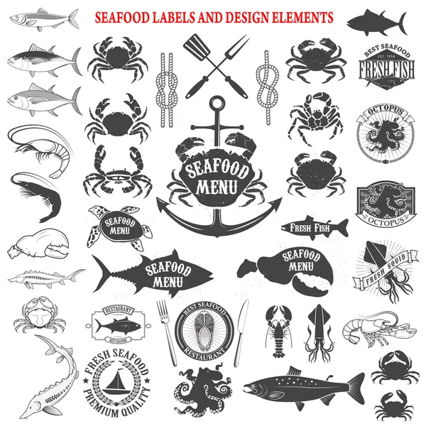 Seafood menu labels set. Design elements for logo, label, emblem — Stock Vector