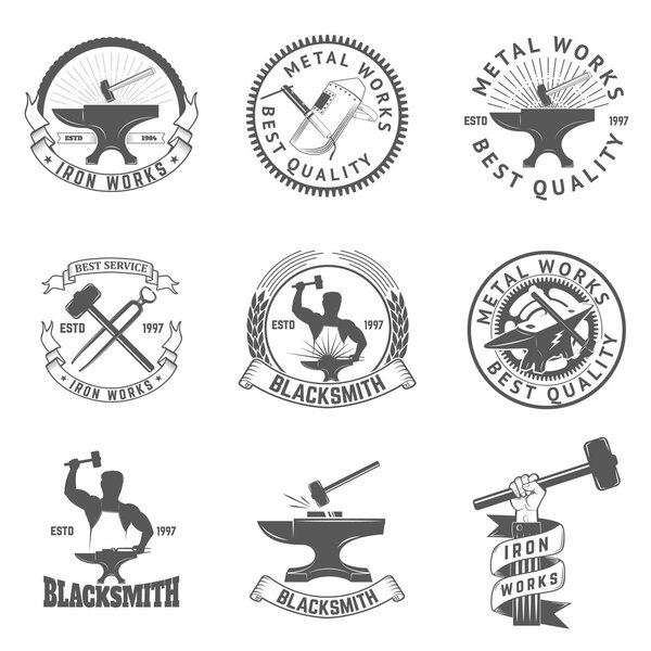 Set of blacksmith, iron works labels, badges and design elements